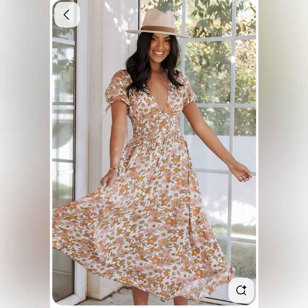 Petal + Pup • Womens Woodside Cream Orange Floral Smocked Midi Dress Size 2 NWOT